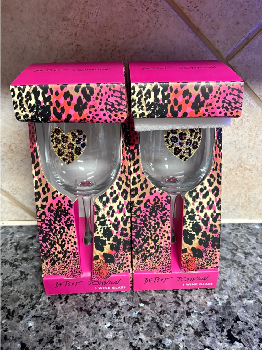 Betsey Johnson Leopard Heart Wine Glasses with Gold Accents set of 2